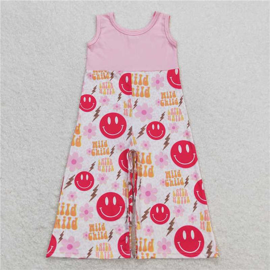 SR1195 wild child flower lightning smiley pink sleeveless jumpsuit