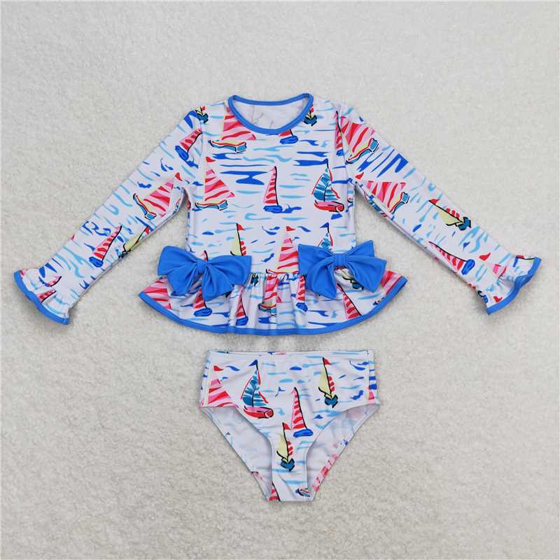 S0276 Sailing Blue Bow White Long Sleeve Swimsuit Suit