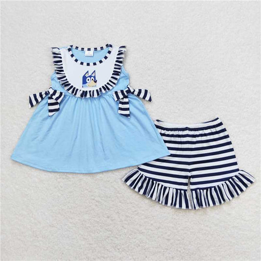 GSSO0751 bluey striped lace bow blue sleeveless shorts suit