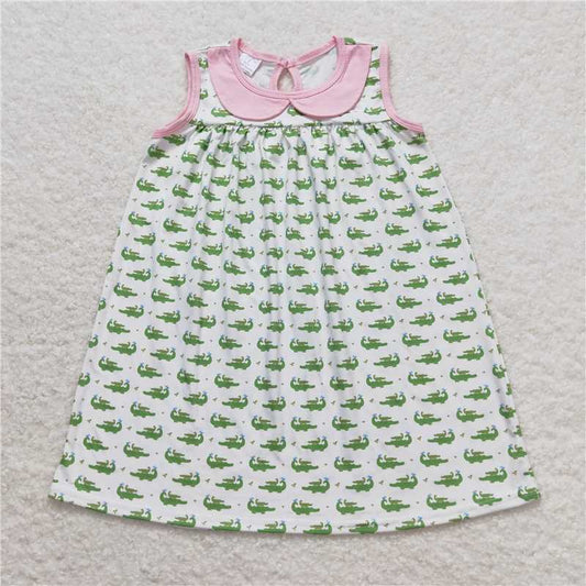 GSD0840 Crocodile Pink Doll Collar White Sleeveless Dress