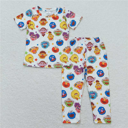 BSPO0332 Cartoon Sesame Street Star White Short Sleeve Long Pants Pajama Set