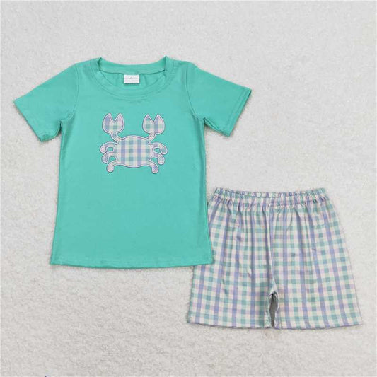 BSSO0638 Embroidered plaid crab teal short-sleeved shorts suit