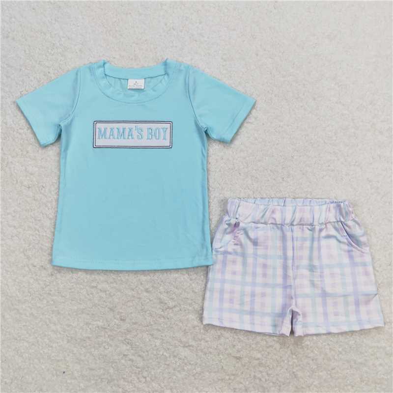 BSSO0624 mama's boy embroidered letter teal short-sleeved colorful plaid shorts suit