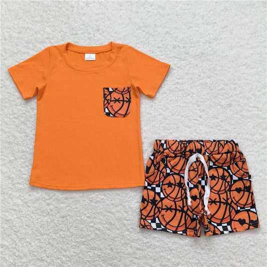 BSSO0789 Smiley Basketball Pocket Orange Short Sleeve Shorts Set