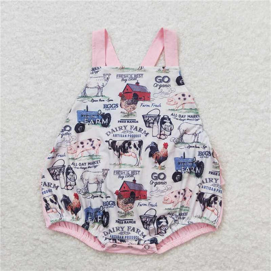 SR0911 Farm House Tractor Animal Lace Pink Tank Top Bodysuit