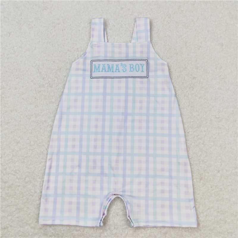 SR1092 mama's boy embroidered lettering colorful plaid sleeveless jumpsuit