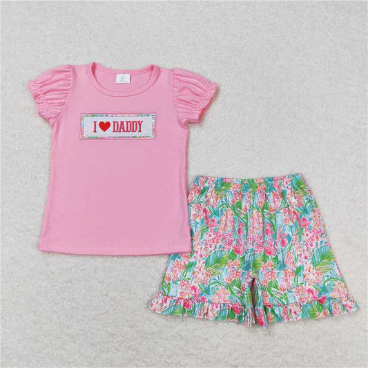 GSSO0658 I love daddy embroidered lettering pink short-sleeved patterned shorts set