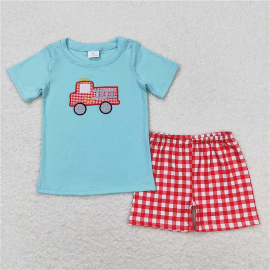 BSSO0549 Embroidered Fire Engine Blue Short Sleeve Red Plaid Shorts