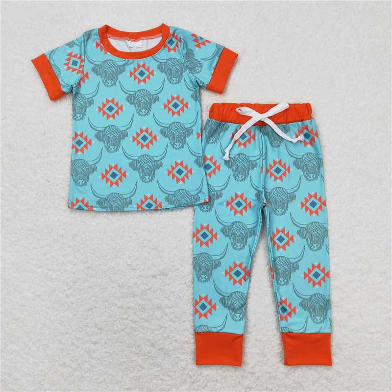 BSPO0328 Alpine cow head geometric blue and brown short-sleeved trousers pajama set