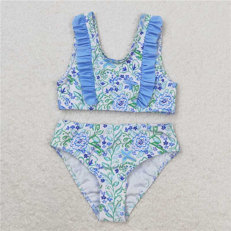 S0279 Floral blue and white lace swimsuit set