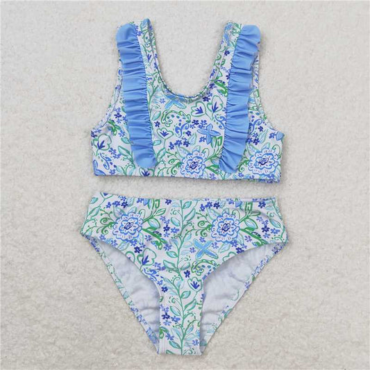 S0279 Floral blue and white lace swimsuit set