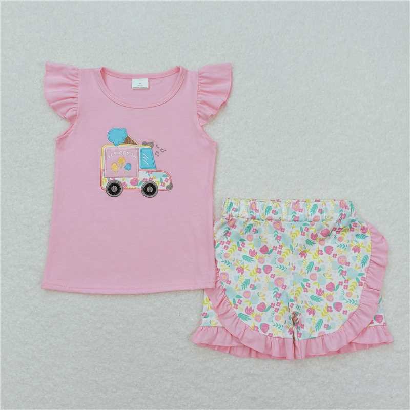 GSSO0644 Embroidered ice cream truck pink flying sleeve flower shorts suit