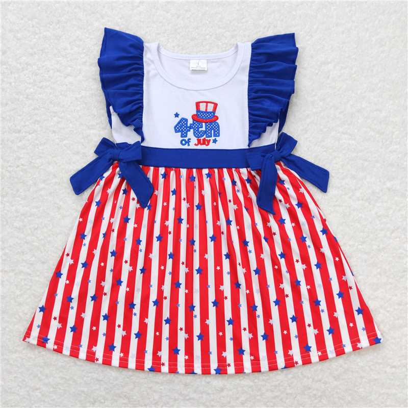 GSD0674 4th of july embroidered letter star hat blue lace bow red and white striped sleeveless dress