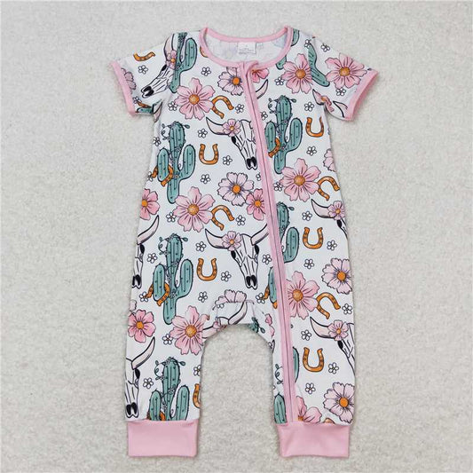 SR1109 Alpine cowhead flower cactus pink zipper short-sleeved jumpsuit