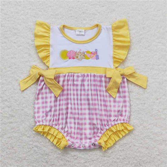 SR0701 Embroidery Shell Castle Beach Ball Pink White Plaid Yellow Jumpsuit