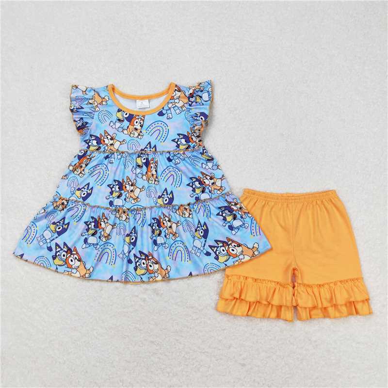 SSO0632 bluey rainbow blue flying sleeves orange shorts suit