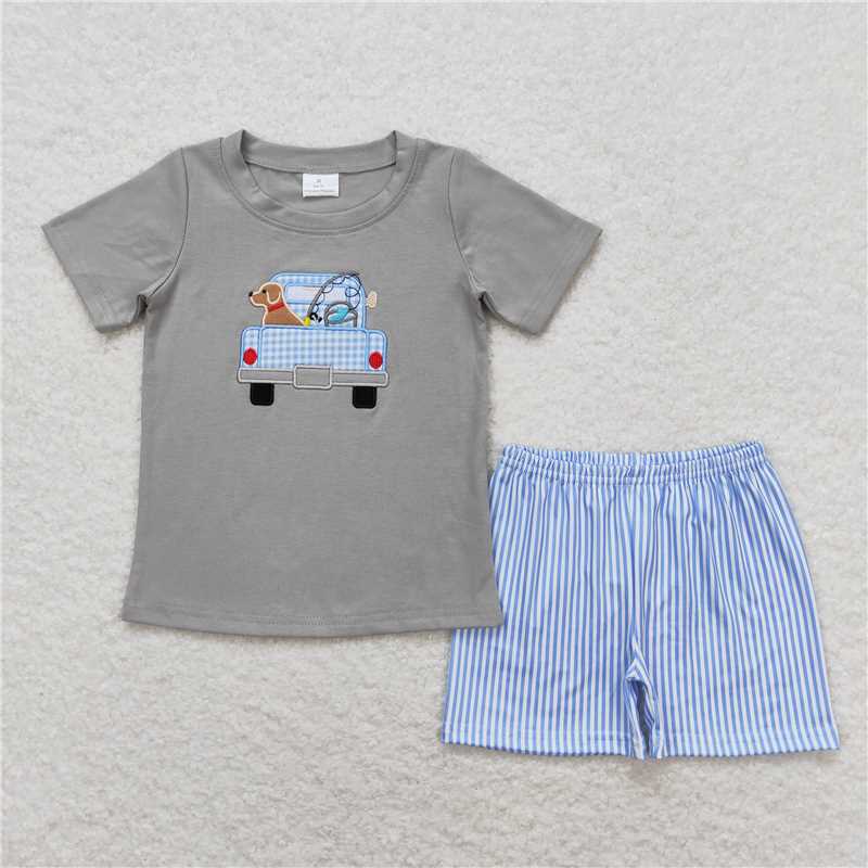 BSSO0664 Embroidery Fishing Puppy Truck Gray Short Sleeve Blue Striped Shorts Set