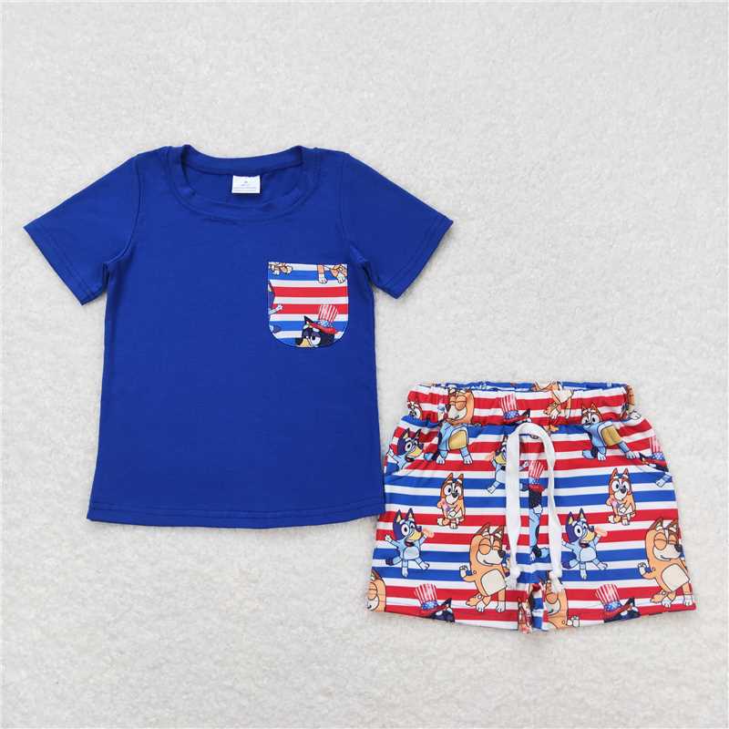 BSSO0513 bluey pocket short sleeve red and blue striped shorts suit