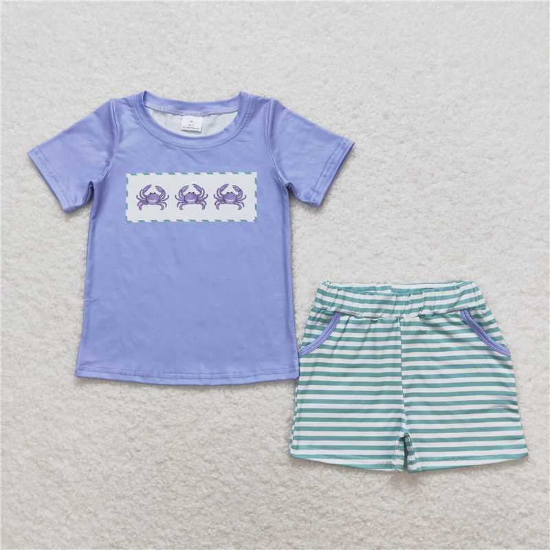 BBSSO0637 Crab blue short sleeve green striped shorts suit