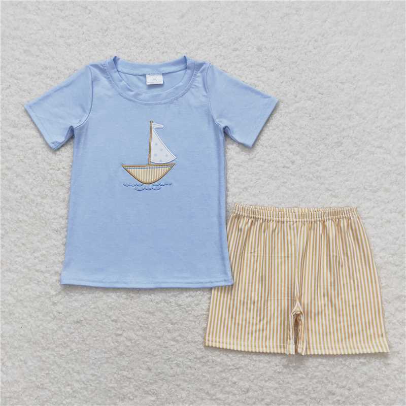 BSSO0602 Embroidered Sailing Blue Short Sleeve Yellow Striped Shorts Set