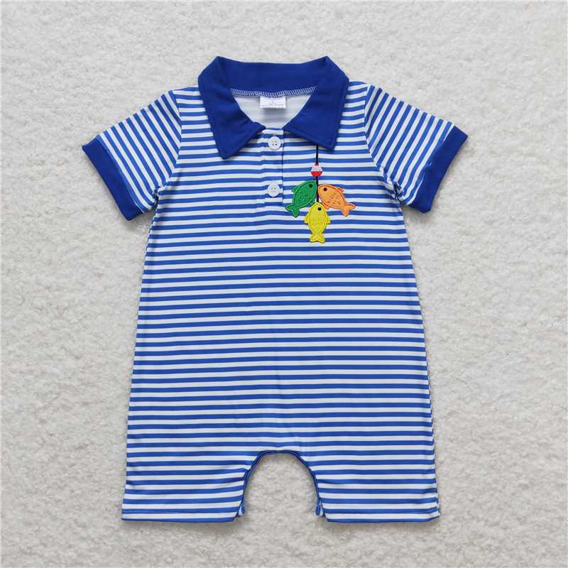 R1045 Embroidered Fishing Blue Striped Short Sleeve Jumpsuit