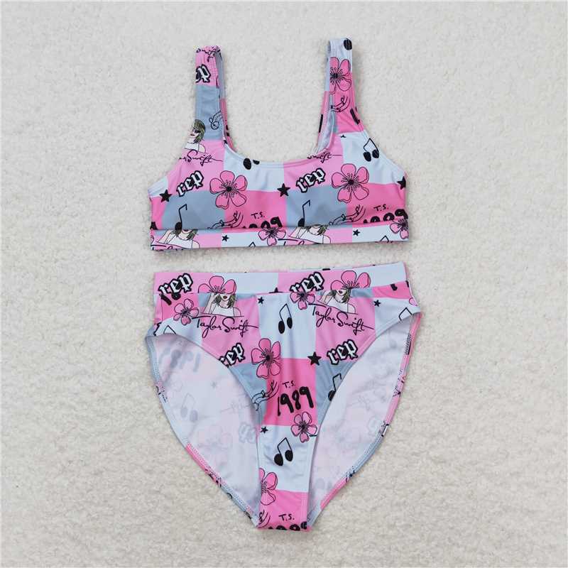 4.10  S0347 Adult female Taylor Swift 1989 rep floral plaid pink swimsuit set