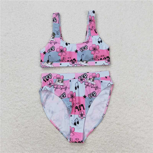 4.10  S0347 Adult female Taylor Swift 1989 rep floral plaid pink swimsuit set
