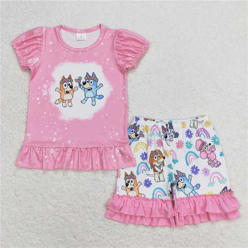 GSSO0823 bluey rainbow flower pink short-sleeved shorts suit