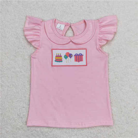 GT0501 Embroidery birthday cake gift balloon pink flying sleeve top