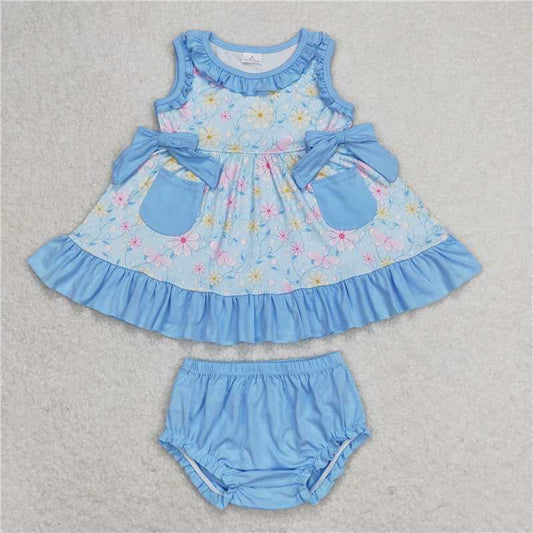 GBO0290 Floral Blue Lace Pocket Bow Sleeveless Briefs Set