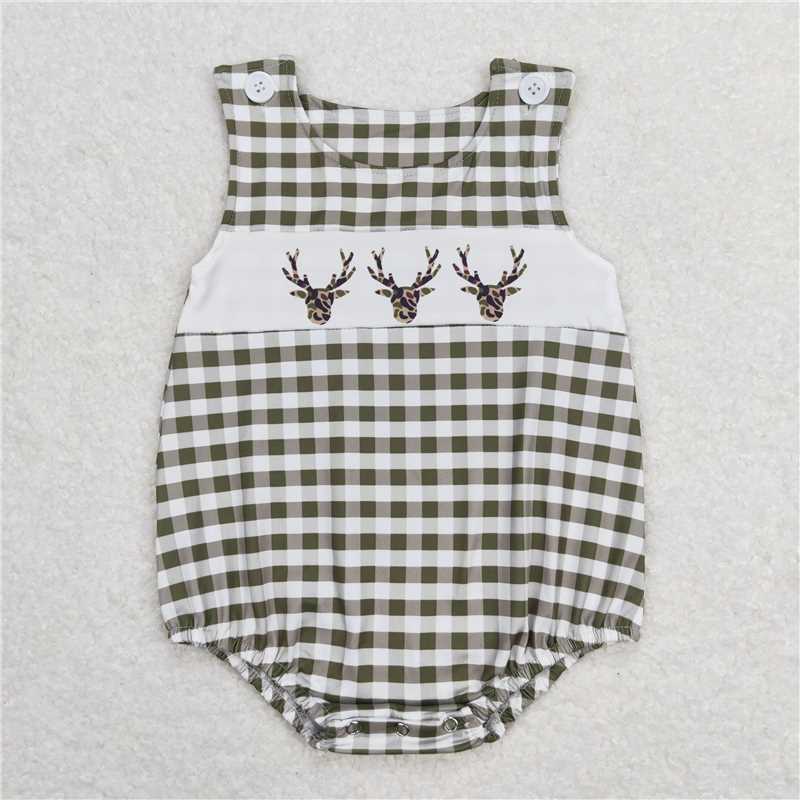 SR1167 Three Elks Army Green Plaid Vest Jumpsuit