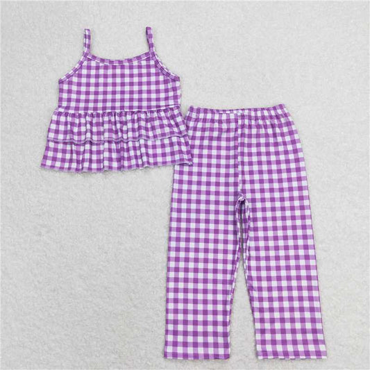 GSPO1379 Purple and white plaid lace suspender trousers suit