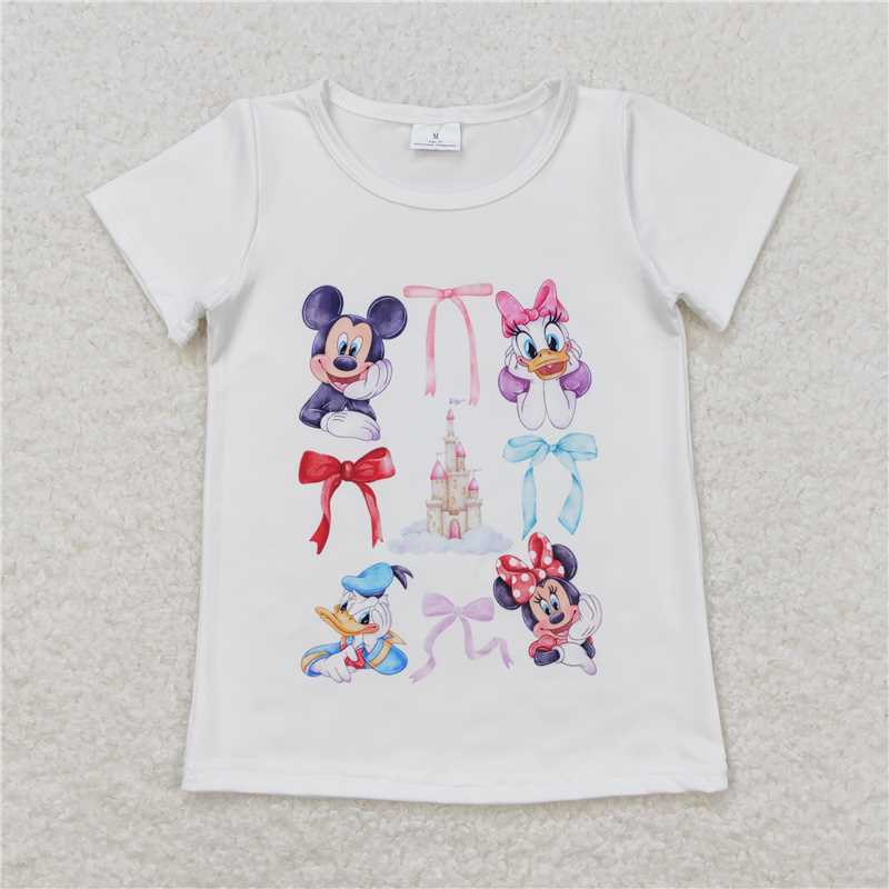 GT0570 Mickey Minnie Donald Duck Castle Bow White Short Sleeve