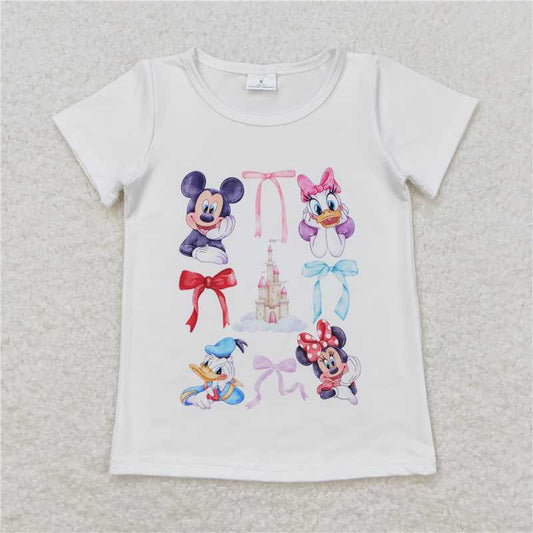 GT0570 Mickey Minnie Donald Duck Castle Bow White Short Sleeve