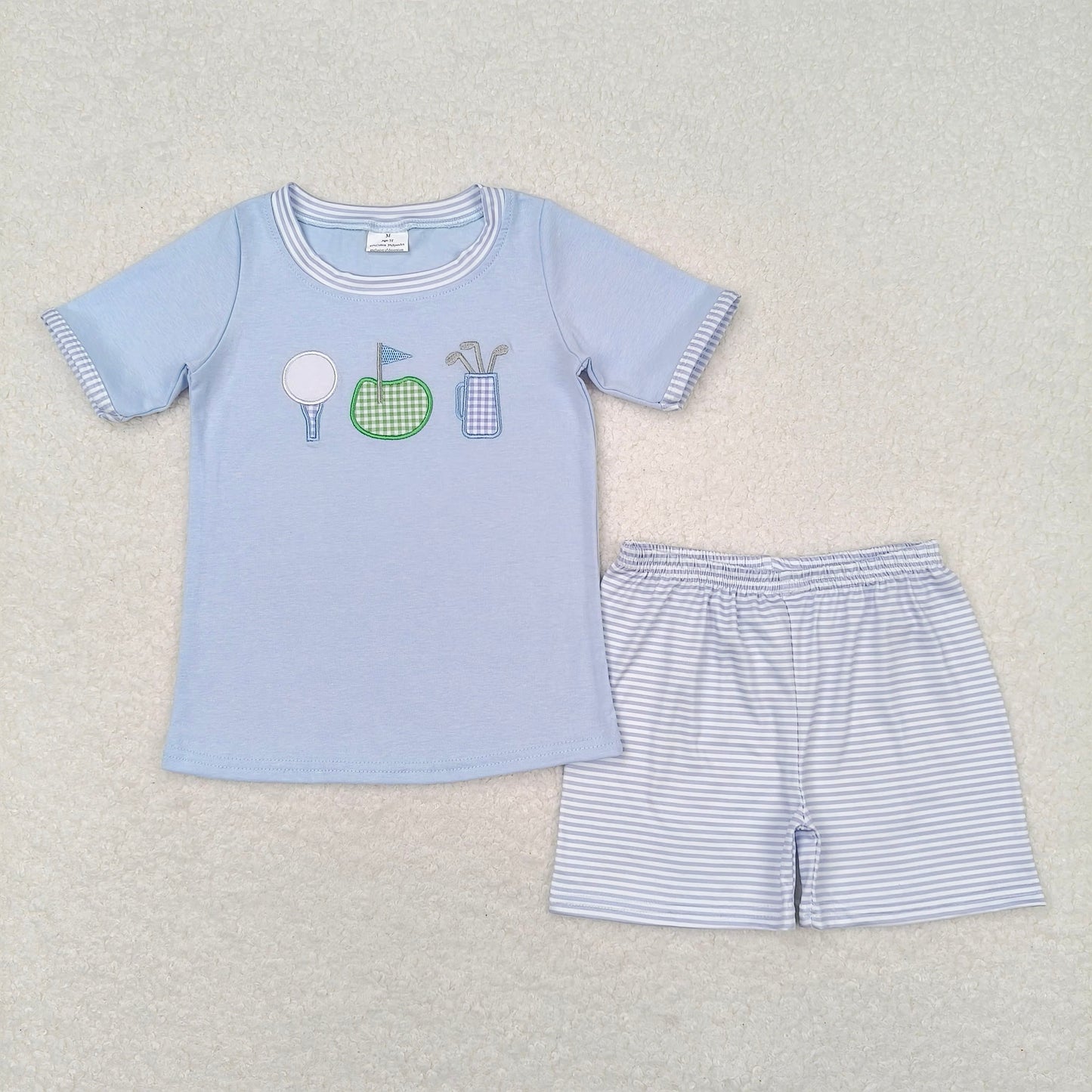 BSSO0686 Embroidered golf flag blue short-sleeved striped shorts suit