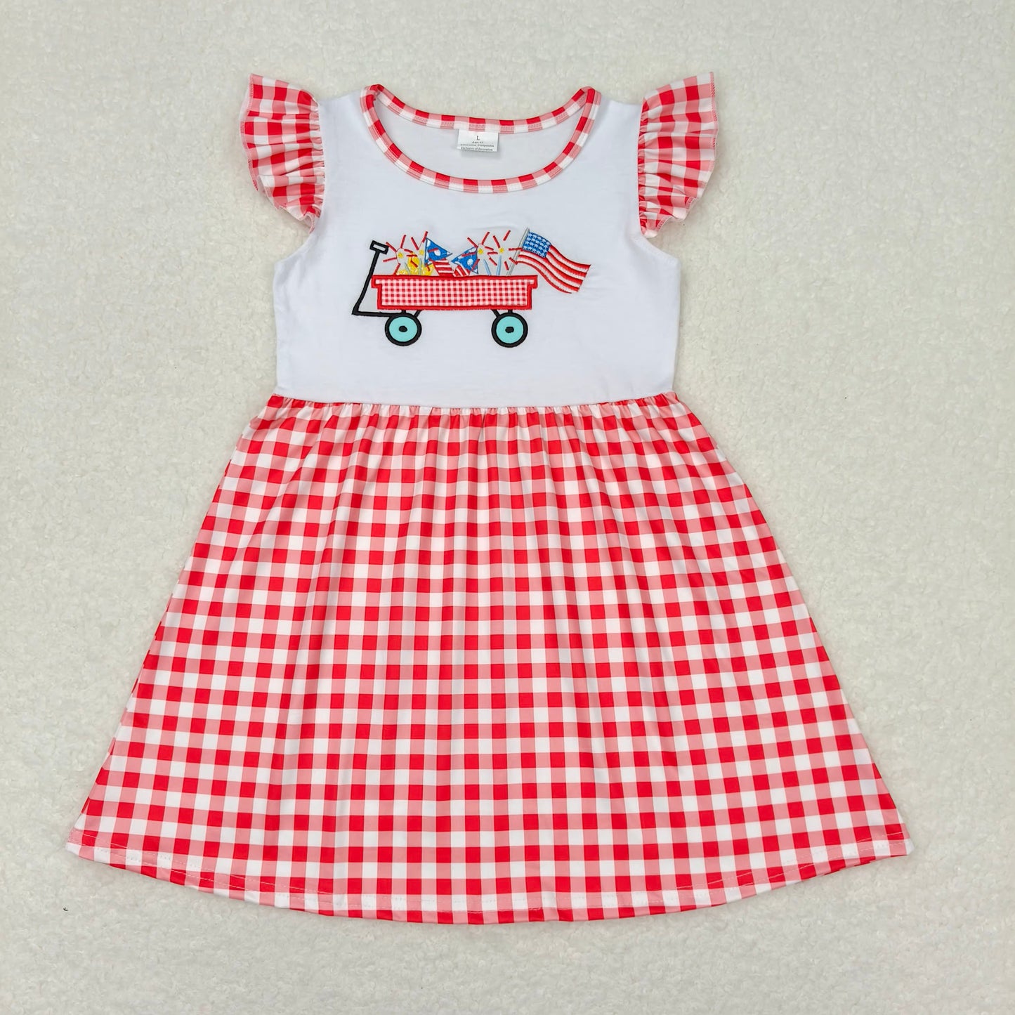 GSD0843 Embroidery Fireworks Flag Trolley Red Plaid Flying Sleeve Dress