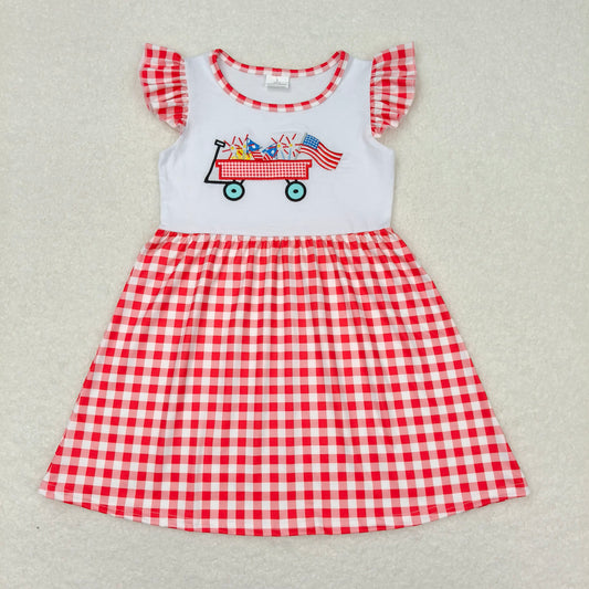 GSD0843 Embroidery Fireworks Flag Trolley Red Plaid Flying Sleeve Dress