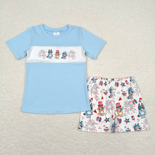 BSSO0792 National Day bluey fireworks blue and white short-sleeved shorts suit