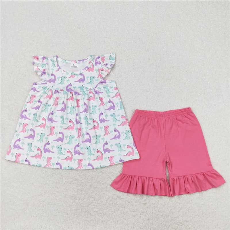 GSSO0787 Dinosaur white flying sleeve pink shorts suit