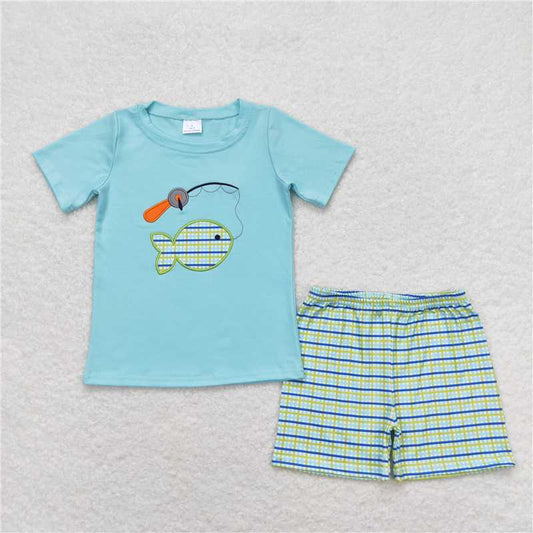 BSSO0798 Embroidered fishing teal short-sleeved plaid shorts suit