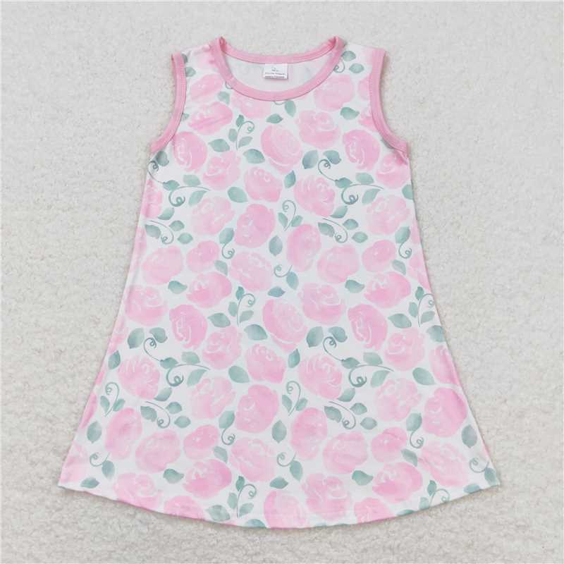 GSD1045 Flowers and leaves pink sleeveless dress