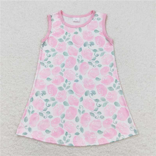 GSD1045 Flowers and leaves pink sleeveless dress