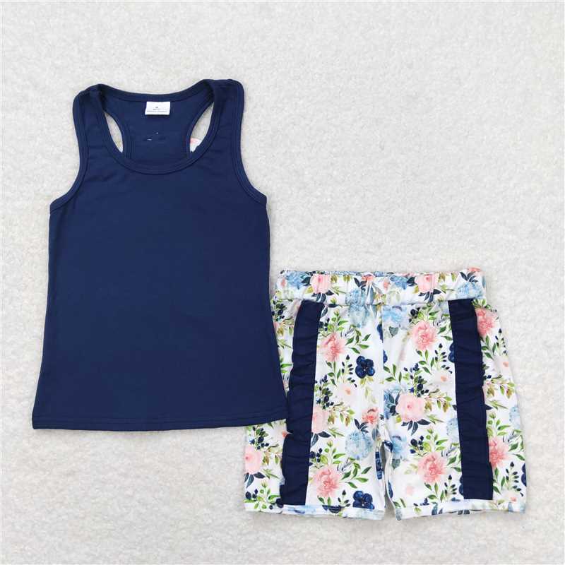 GSSO1062 Flower bow solid color sleeveless navy blue lace shorts suit