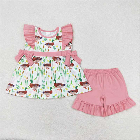 GSSO0517 Duck flower pink lace bow short-sleeved shorts suit