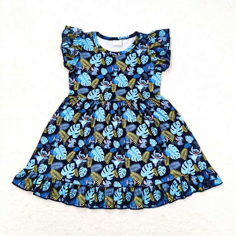 GSD0863 Cartoon leaves blue flying sleeve dress