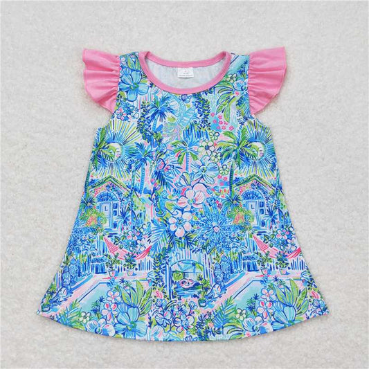 GT0563 Flower pattern blue flying sleeve top