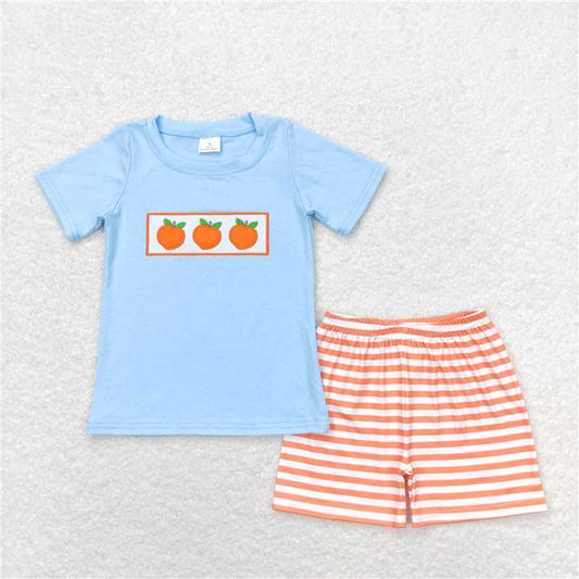 BSSO0417 Embroidered orange blue short sleeve orange and white striped shorts suit