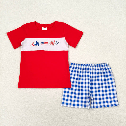 BSSO0584 Embroidery airplane flag fireworks red short-sleeved blue and white plaid shorts suit