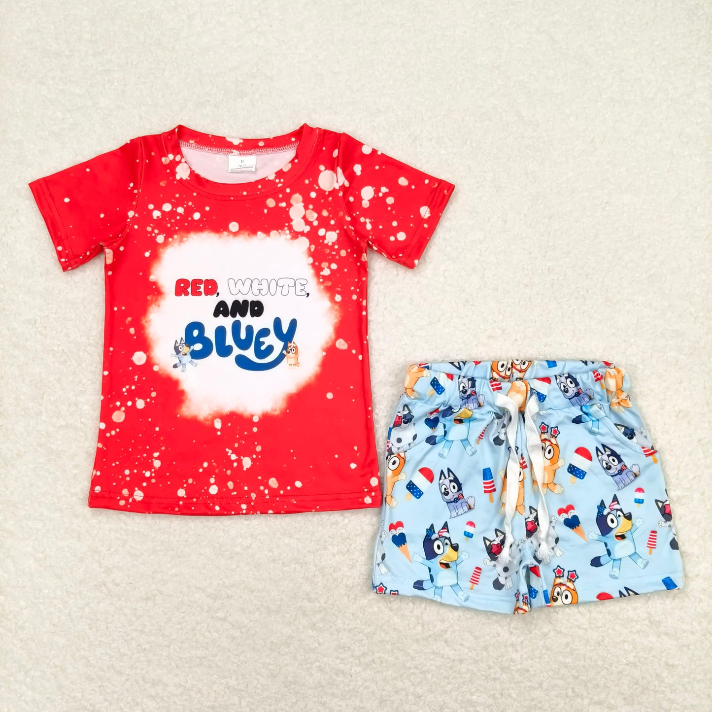 BSSO0516 red white bluey red short sleeve popsicle blue shorts suit