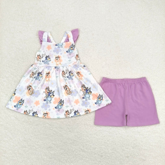 GSSO0998 bluey flower purple flying sleeve shorts suit